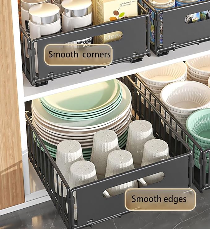 YunNasi Pull Out Cabinet Organizer Slide Out Drawer Storage Shelves Cupboard Organiser Sliding Cabinet Basket for Kitchen No Drilling and Nailing (Black, 2Piece 9.8" W X 15" D X 3.9" H)