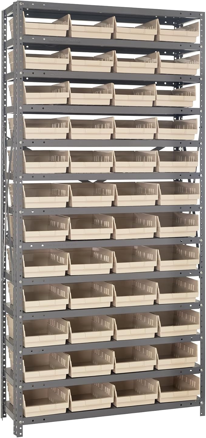 Quantum Storage Systems 1275-107IV Solid Heavy Duty 13 Shelves 48 Economy Ivory Bins 75" H x 36" W x 12" D