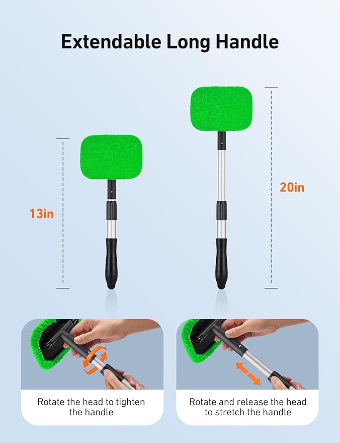 AstroAI Windshield Cleaner Tool, Microfiber Car Window Cleaner with 4 Reusable and Washable Microfiber Pads and Extendable Handle Auto Inside Glass Wiper Kit, Green