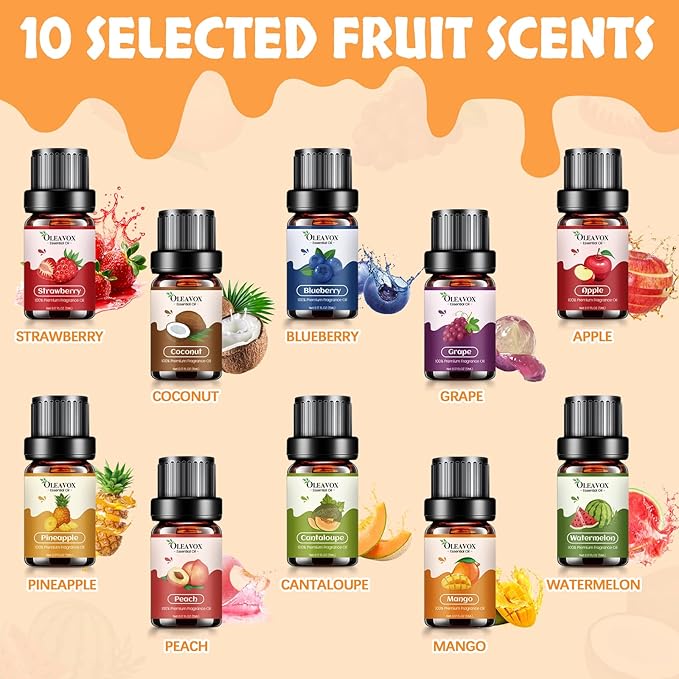Fruity Essential Oils Gift Set, Premium Fragrance Oil for Candle & Soap Making, Coconut, Strawberry, Pineapple, Mango, Peach, Apple,10x5ml Fruit Aromatherapy Diffuser Oils for Home