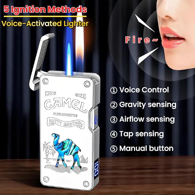 Smart Butane Lighter with 5 Ignition Methods, Voice-Activated Dual Flame Lighter with Windproof Blue Torch and Soft Flame Options, Rechargeable and Refillable Lighters (Without Fuel) (Brass)
