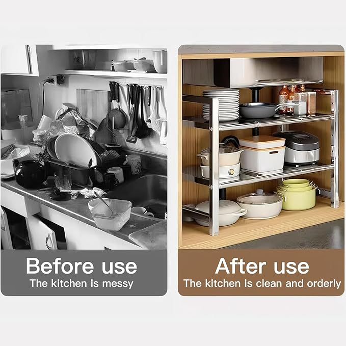 Large Under Sink Organizer 2 Tier Expandable Heavy Stainless Steel Shelf Adjustable Height for Under Kitchen Bathroom Sink Organizers and Storage (Large Size: 8 Panels)