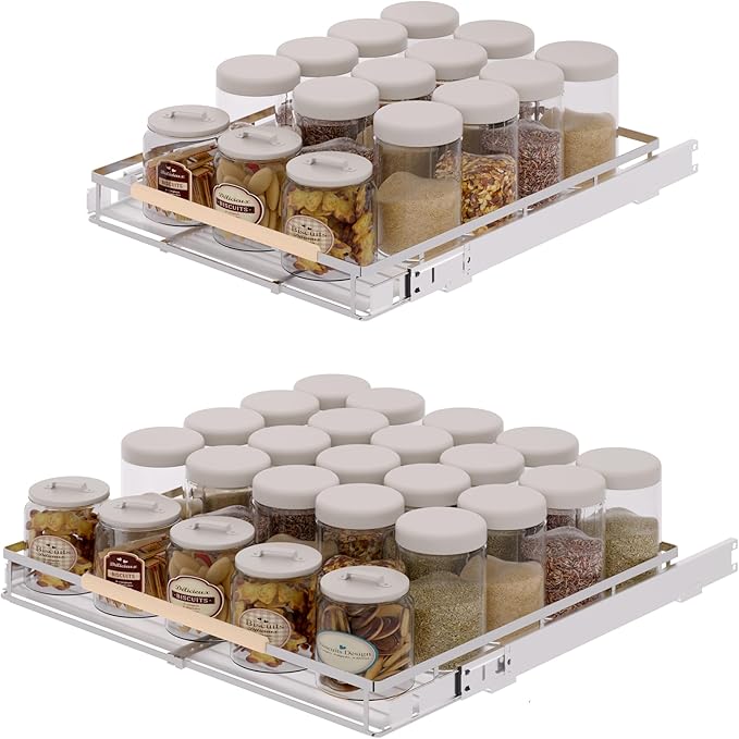 Expandable Pull Out Drawer Cabinet Organizer, Adjustable Width Bottom-Mounted Slide Out Storage Shelves for Cabinets, Required Cabinet Size (W: 20.86"~37.86", D≥22.5"), 2 Pack