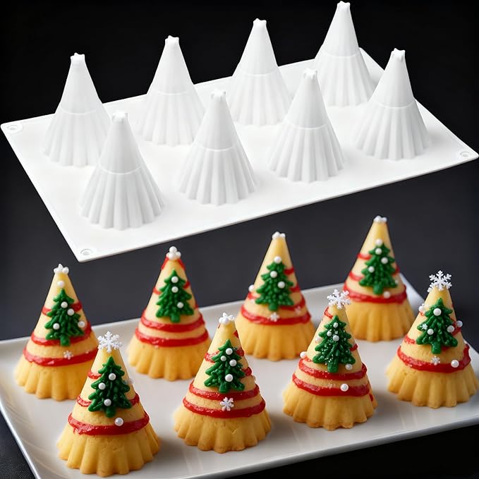 3D Christmas Tree Silicone Molds Large Christmas Molds Xmas Tree Pan Silicone Mold 8-Cavity Christmas Cake Mold for Mousse Cake Muffin Baking Jello Chocolate Ice Cube Soap Candle Lotion Bar Bath Bomb