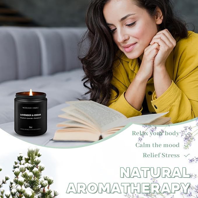 Luxury Lavander & Ceder Scented Candles Gift Set-100% Natural Soy Wax, 50H Clean Burn, Hand-Poured, Relaxing Aromatherapy for Home, Bedroom, Yoga & Spa,9oz-255g