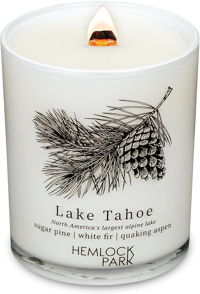 Hemlock Park Travel Inspired Passport Crackling Wood Wick Candle Handcrafted with Natural Plant-Based Coconut Wax (Standard 7.2 oz, Lake Tahoe | Sugar Pine, White Fir, Quaking Aspen)
