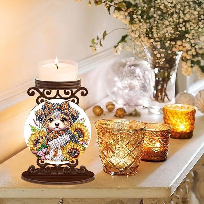 Diamond Art Painting Candlestick Holder kits, Sunflower Puppy DIY shaped crystal Diamond art painting, woodiness Candle holder for AromaRelax & Home Decor, Christmas Halloween Ornaments (Double-Sided)