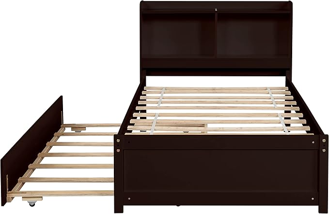 Harper & Bright Designs Twin Size Platform Bed with Bookcase Headboard and Trundle, Wooden Twin Platform Bed Frame with Bookself for Kids Girls Boys, Espresso
