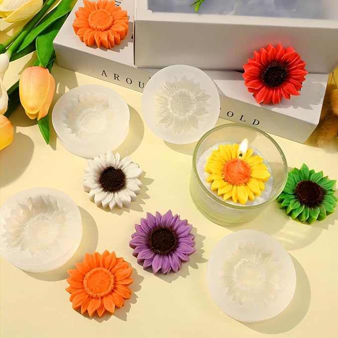 4 Pcs Sunflower Candle Molds, 3D Flower Fondant Chocolate Cake Cupcake Topper Decoration Silicone Mold, DIY Tealight Candle Soap Wax Epoxy Resin Concrete Casting Polymer Clay Craft