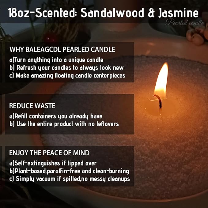 Moksha Garden Pearled Candle 18 Oz with 30 Wicks - Sandalwood & Jasmine Scented Sand Candles White Refillable Wax Lasts Up to 120 Hours Smooth and Clean Burning for Candle Making DIY