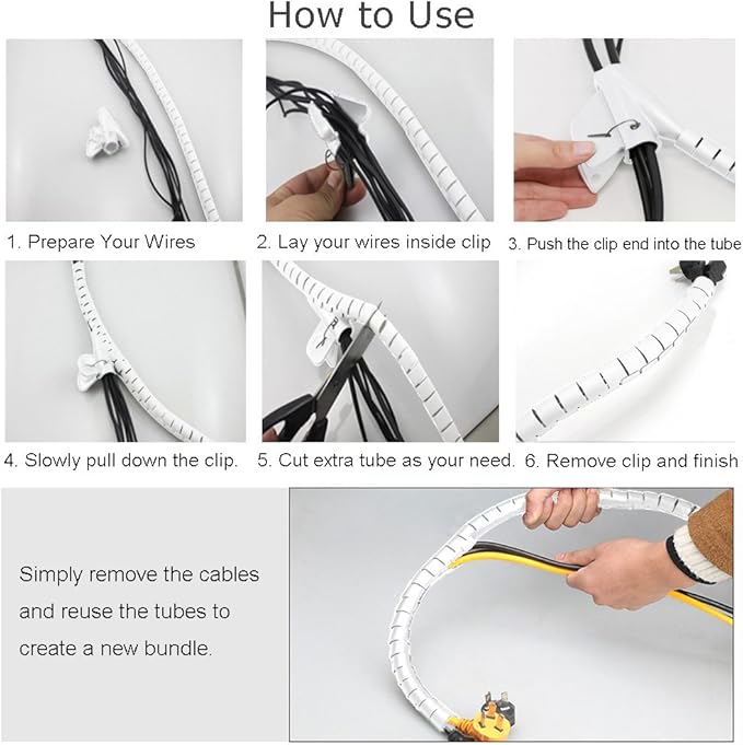White Cable Wire Cover Cord Management Sleeve Electrical Wire Organizer Holder, VIWIEU Reusable & Expandable Desktop Spiral Tube Wire Hider with Cable Clips for TV Computer Home Entertainment