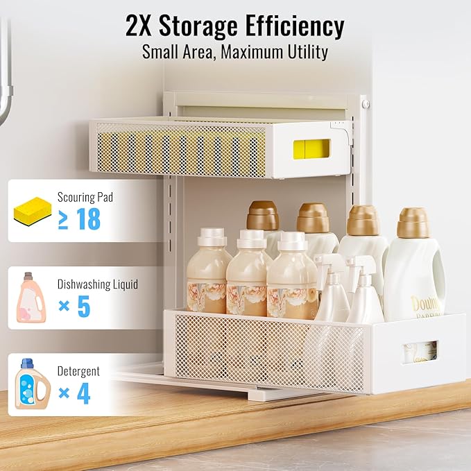 TISTAYA Under Sink Organizer, Bathroom Organizers and Storage, Cabinet Organizer Pottery Barn Furniture for Kitchen, Bathroom, Pantry, Laundry, Study, White，1XL, 2PCS