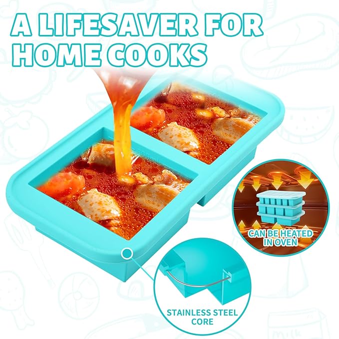 SHIKORI Silicone Freezer Tray With Lid, Silicone Freezer Food Molds, Large Ice Cube Tray, Silicone Freezer Container,Freeze & Store Soup, Sauce, Broth,Leftovers (Blue-6 Cups)