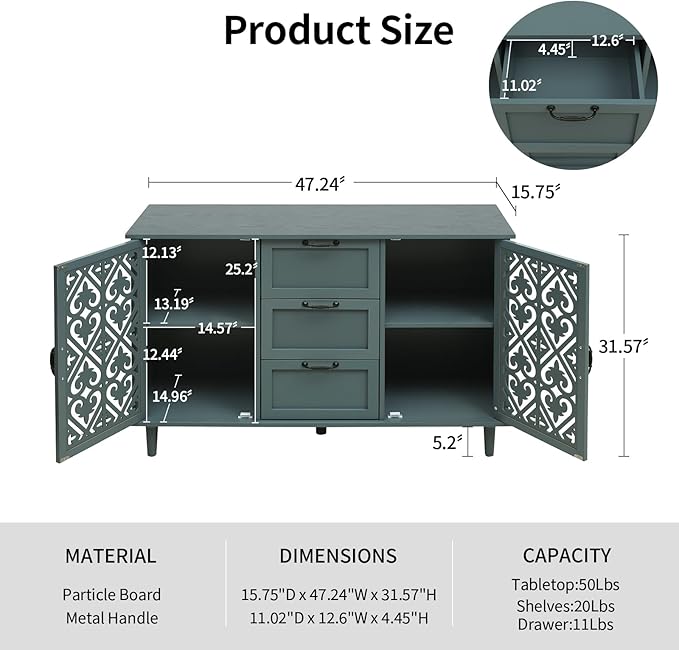 vistavie Green 2 Doors 3 Drawers Buffet Sideboard Cabinet - Accent Cabinet with Adjustable Shelves，47 Inch Wide Wood Storage Cabinets for Dining Room,Living Room and Kitchen