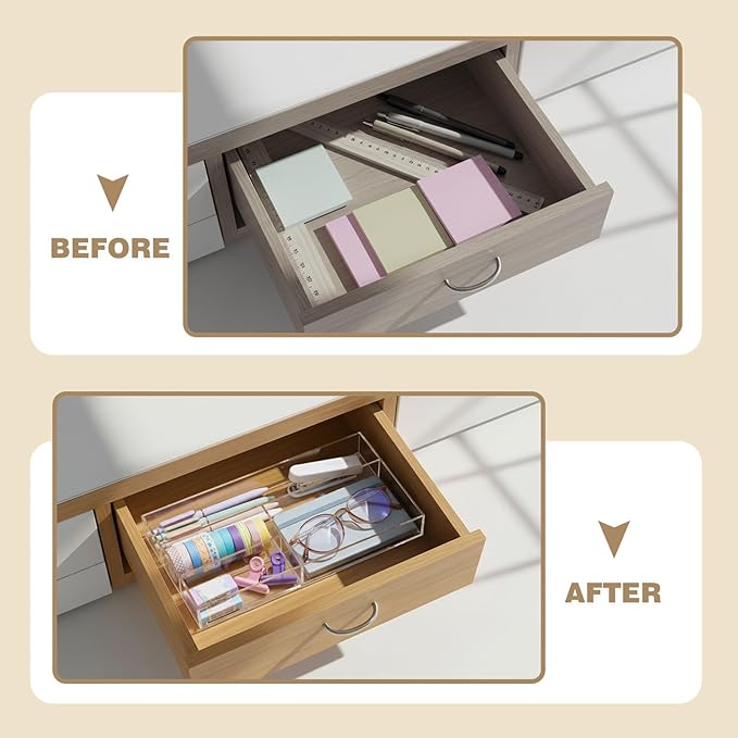 Briwooody Acrylic Desk Drawer Organizer 11 x 6.1 x 1.38 Inch Storage Tray Organizer for Pens, Stationery, Desktop, Office, Bathroom, Kitchen, Makeup Supplies(4 Compartments, Clear)