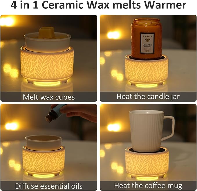 EQUSUPRO Wax Melt Warmer for Scented Wax Melts 3-in-1 Electric Ceramic Candle Wax Warmer Burner Fragrance Wax Melter for Home Office Bedroom Gift & Decor (White -7 led Light)