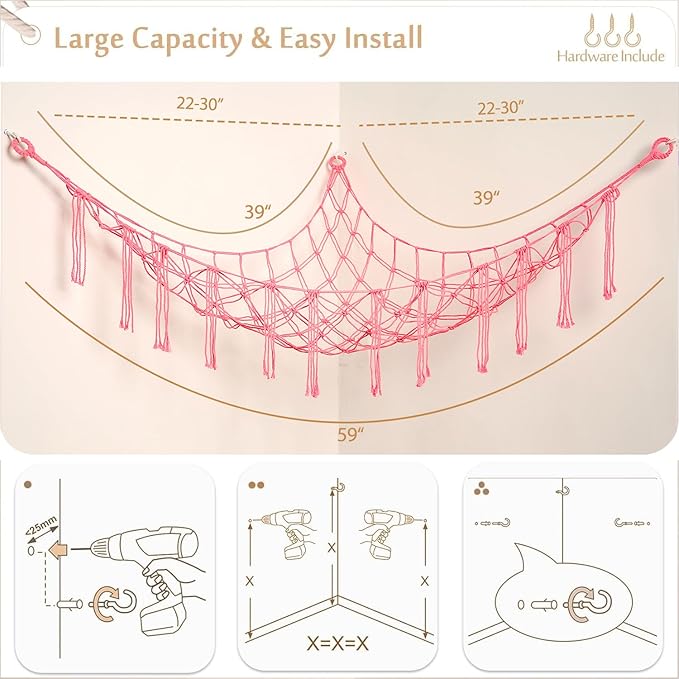 YKBU Stuffed Animals Hammock Corner Hanging Net Macrame Stuffed Animal Storage Plush Toy Holder Toy Organizer for Boho Nursery Playroom Bedroom Kids Room (pink, m)