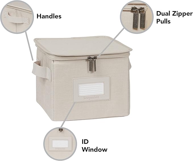 Covermates Keepsakes Zip-Top Storage Box Set, 3 Pack Heavy Duty Polyester Organizer Bins, Stackable Design, ID Window, Reinforced Handles, Closet Home Storage, Beige Heather