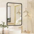 OKPAL 16X24 Inch Black Bathroom Mirror for Vanity, Matte Black Metal Framed Mirror, Rounded Rectangle Bathroom Mirror for Farmhouse, Anti-Rust, Beveled Border (Horizontal/Vertical)