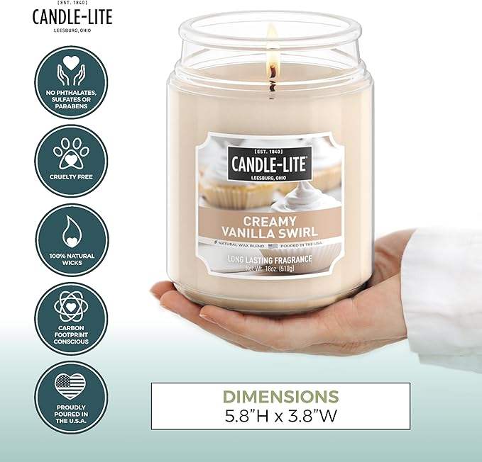 Candle-lite Fall Scented Candles, Creamy Vanilla Swirl, 18 oz Jar, Proudly Poured in The USA, Aromatherapy Candle, Single-Wick with 110 Hours of Burn Time, Perfect for Creating a Relaxing Ambiance