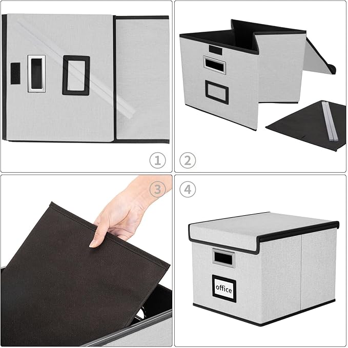 Huolewa File Organizer Box with Lid, Collapsible File Folder Organizer for Office Document Storage, Filing Box with Plastic Slide for Letter Size Hanging File Folders(1 Pack, Light Grey)