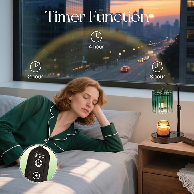 Candeldo Candle Warmer Lamp with Timer: Emerald Green Candle Warming Lamp with 2 Bulbs Height Adjustable Wax Melt Dimmable Bedroom Decor for Women