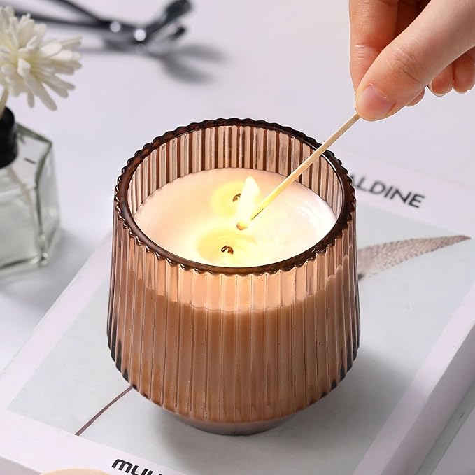 simeitol 13 OZ Candle Jars for Making Candles - 6 Pack Terracotta Ribbed Glass Candle Jars, Candle Making Jars, with Bamboo Lids and Candle Wick Kit, Candle Vessels Bulk for DIY