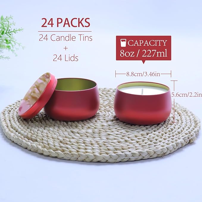 24 Pcs 8oz Candle Tins with Lids Bulk, Drak Red Metal Candle Jars for Making Candles, Shatterproof Empty Candle Containers & Vessels for DIY Travel & Small Business