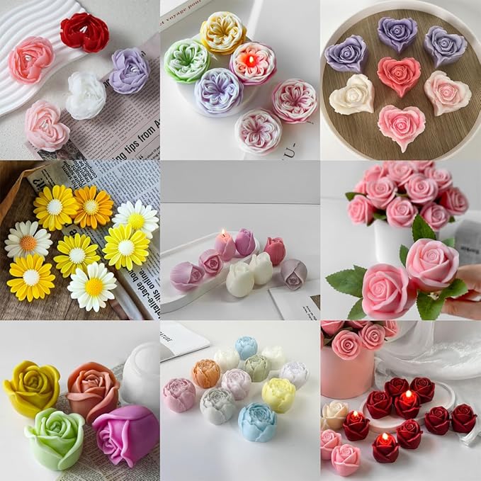9Pcs Rose Flower Tulip Peony Heart Candle Soap Wax Mold Valentine Day Silicone for Small Butter Candles Chocolate Making Molds Silicones Shapes Moldes De Rosas Silicona para Velas