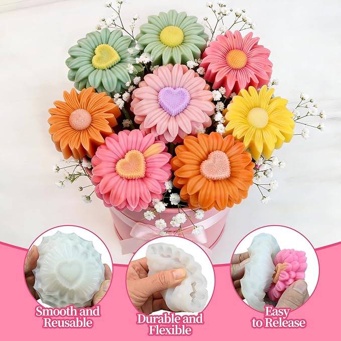 2Pcs Flower Candle Molds, Heavyweight Daisy Candle Molds, Sunflower Silicone Mold for Epoxy Resin, Candles Making, Soap, and Wax Crafts DIY Home Decor, Party Favors and Mom Gift