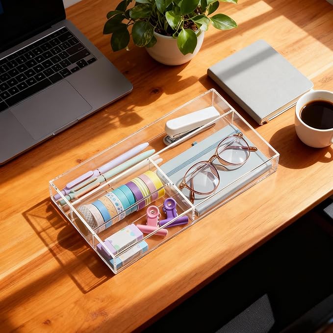 Briwooody Acrylic Desk Drawer Organizer 11 x 6.1 x 1.38 Inch Storage Tray Organizer for Pens, Stationery, Desktop, Office, Bathroom, Kitchen, Makeup Supplies(4 Compartments, Clear)