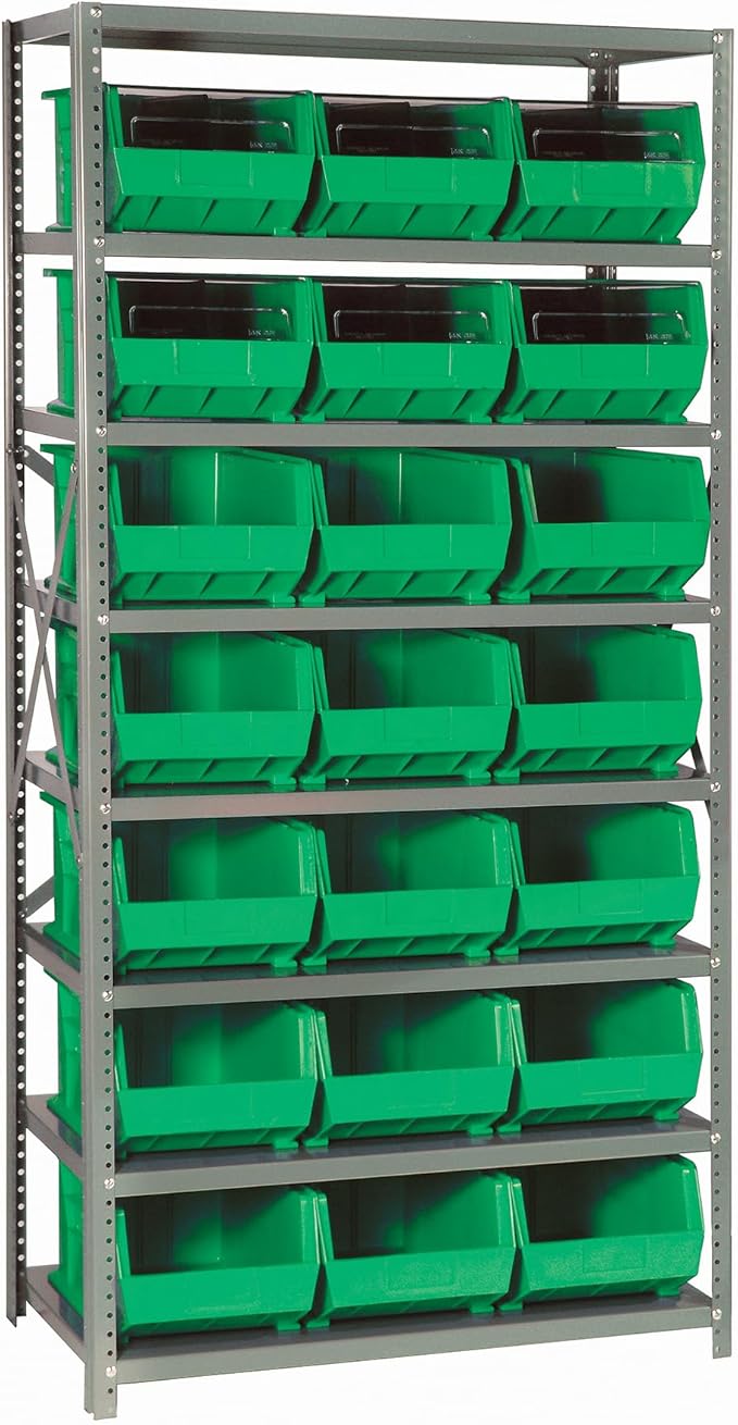 Quantum Storage Systems QSBU-255GN Giant Open Hopper Steel Shelving System, 18" D x 36" W x 75" H, with 8 Shelves and 21 QUS255 Bins, Green