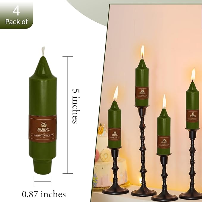 5 inch Short Candle Olive Green Unscented Candles 4 Pack Tapered Candle Ideal as Dinner Candles Smokeless Long Burning Candlesticks for Weddings Dinner Party Home Decor