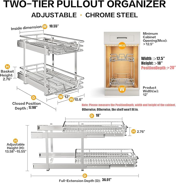2-Tier Kitchen Cabinet,Pull Out Cabinet Organizer,Shelf and Drawer Organizer Slide Out Pantry Storaqe Basket in Multiple Sizes (12" W x21 D)