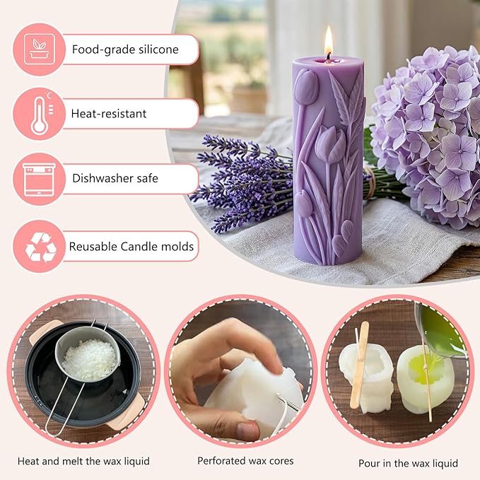 XIAOSHUI Tulip Cylinder Cylinder Candle Molds Tulip Flower Pillar Candle Silicone Mold for Candles Making Resin Casting Aromatherapy Candles Gypsum Craft Home Decorate