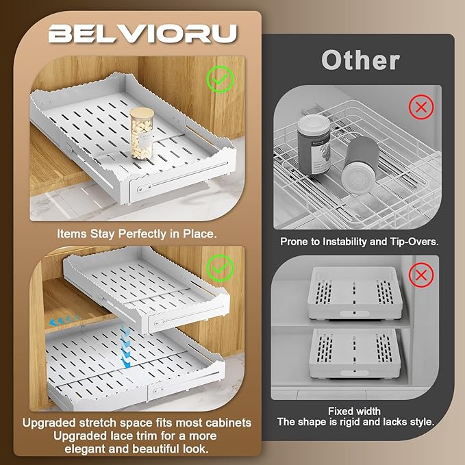 Pull Out Drawers for Cabinets, Expandable Pull Out Cabinet Organizer 11-18" Width,13-24" Depth, Roll out Shelves for Cabinets Without Lip, No Drill Adjustable Slide out Drawers for Kitchen & Pantry