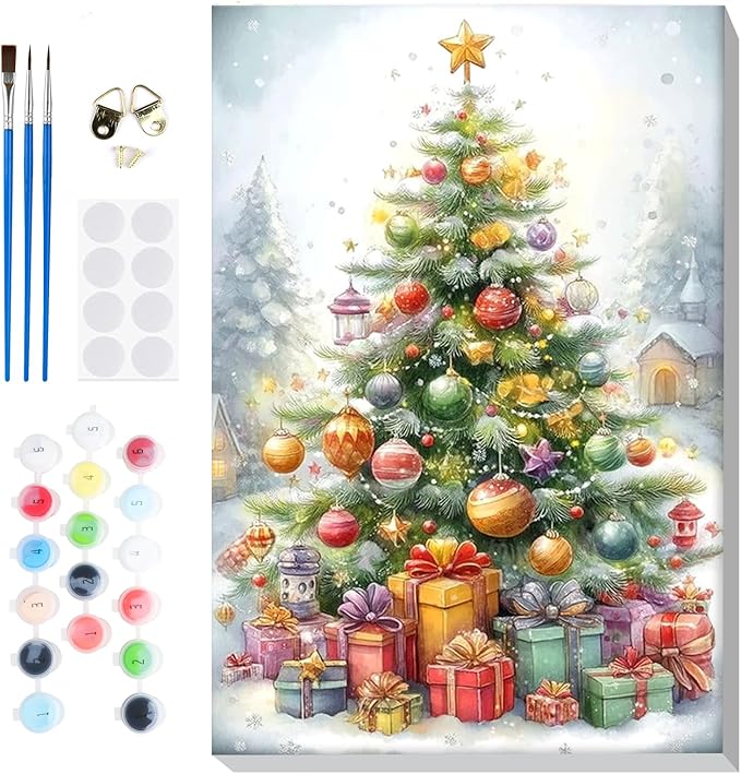 Bowetile Christmas Tree Paint by Numbers for Adults Beginners Framed, Adults' Paint-by-Number Christmas Kits on Canvas, Acrylic Number Painting Christmas Gifts for Home Decor, 8x12in
