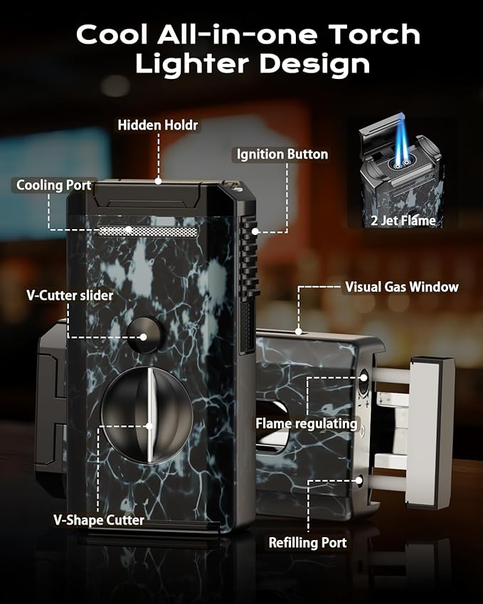 All-in-One Torch Lighter with Auto-Pop V Cutter and Holder, Windproof Jet Flame Cool Lighters, Butane Refillable Torch Lighters Set with Gift Box for Men, Candles, Travel, Outdoors, Camping