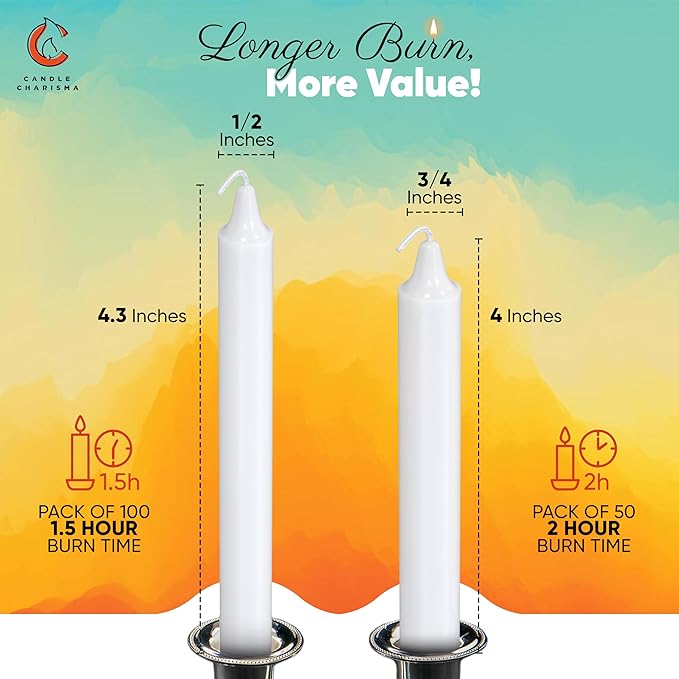 Candle Charisma 100 White Spell Candles - 4" Unscented Paraffin Chime Candles, Smokeless & Dripless, Colored Candles, 1.5 Hours Burn Time 0.4" Thick Taper Candles for Rituals,Birthdays and Parties