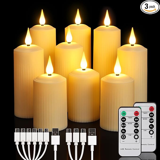 Daord Rechargeable LED Pillar Candles Flameless Flickering Candle Lights with Remote&Timer Set of 9 (D2 x H4/5.5/6.5") Classical Roman Column for Halloween Xmas Home Decor(9PCS,Rechargeable)