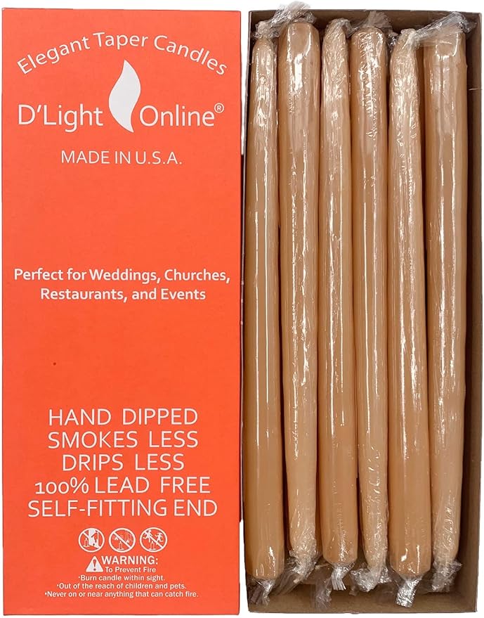 D'light Online Elegant 12" Unscented Spice Gold - Brown Taper Candles, Premium Quality Hand-Dipped Tapered Candles, Dripless and Smokeless - Set of 12 Individually Wrapped (12 Inch, Spice Gold)