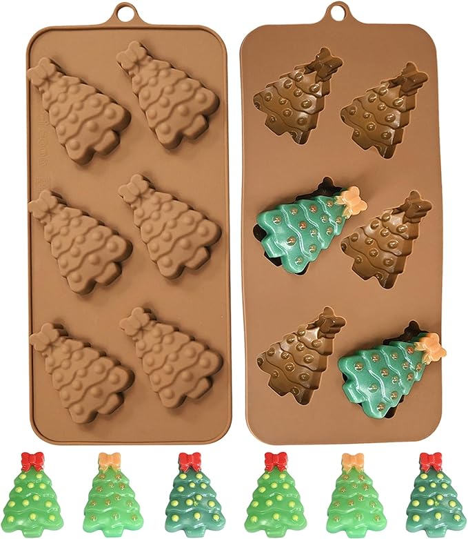 2 Pack Christmas Tree Silicone Candy Molds, 6 Cavities 3D Christmas Chocolate Molds with Bowknot Shape Design Non-Stick Holiday Silicone Mold Kit for Home Indoor Baking, Soap Making, Candle Resin