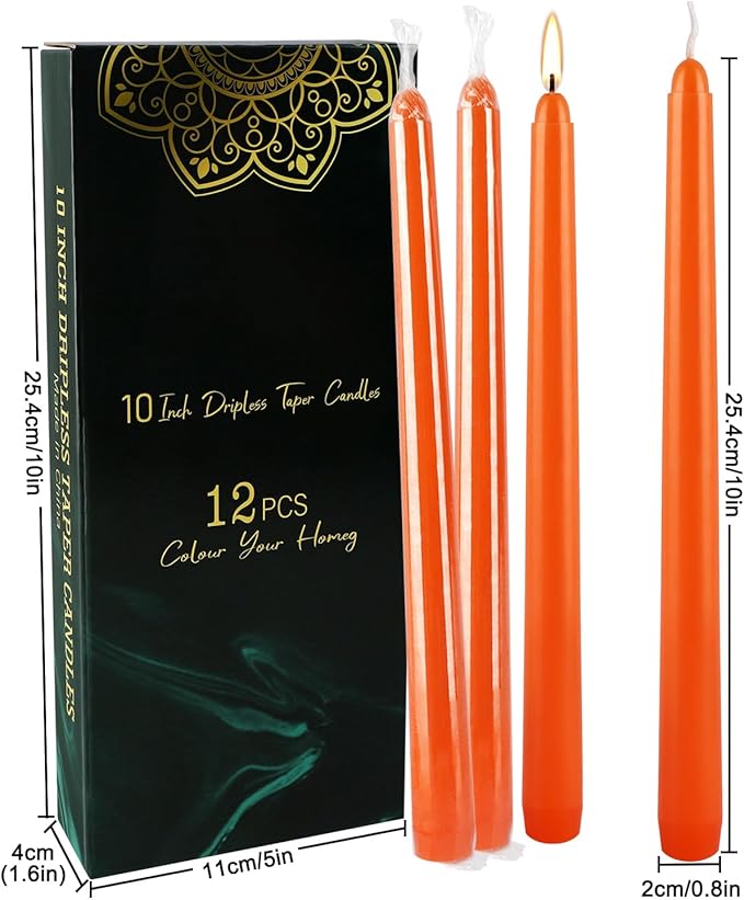 12-Pack 10-Inch Orange Taper Candles - Cotton Core, Clean Burning unscented, Drip-Free & Smokeless, Elegant Conical Design for Halloween, Weddings & Family Celebrations
