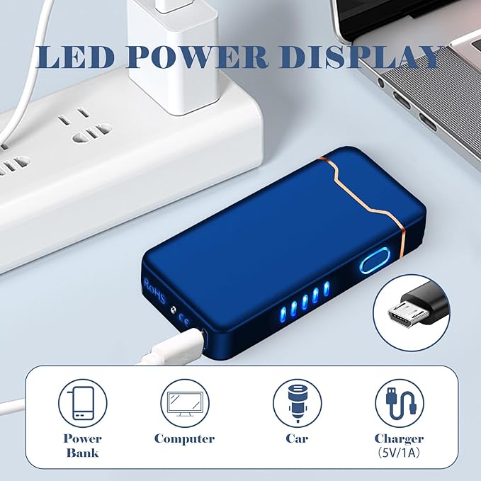 BABOBIU Windproof Lighters Rechargeable Electric Lighters Plasma Lighter with LED Light Power Display Cool Lighter for Fire BBQ Candle Indoors Outdoors (Blue)