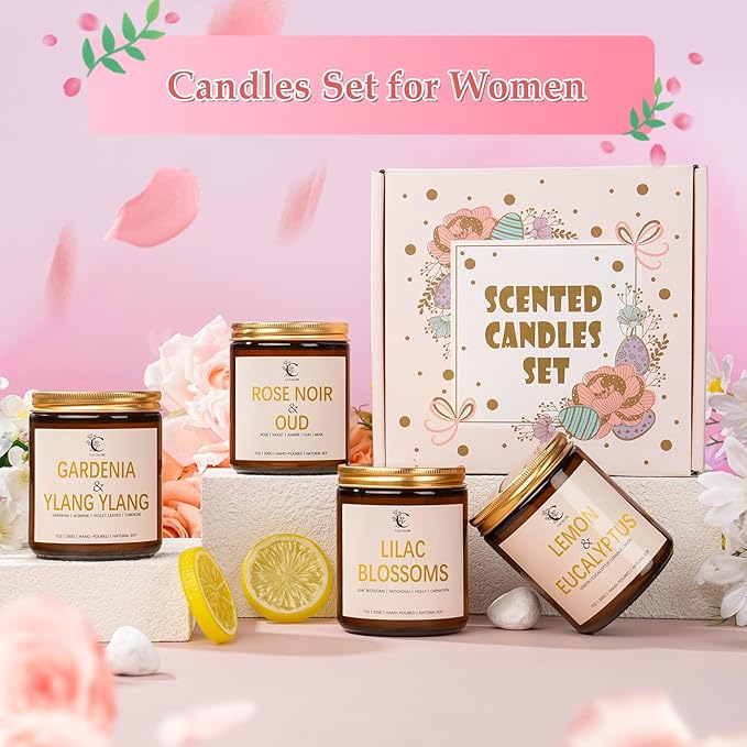 Scented Candles Set, 4Pack Floral Candles, Women Candles Gifts Valentine's Day Gift for Her Long Lasting Soy Wax Candle Non Toxic for Home Decor Aromatherapy, Rose/Lemon/Gardenia/Lilac