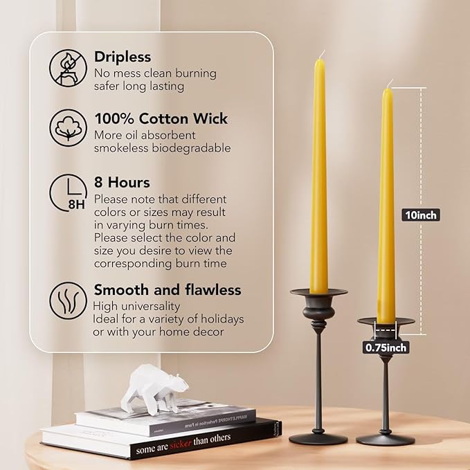 10-Inch Tall Dripless Taper Candles Set of 4 - Mustard Yellow Tapered Candles, Perfect for Spring - Smokeless, Unscented, Long Burning - Hand Poured, Colored Tall Candlesticks - Mustard