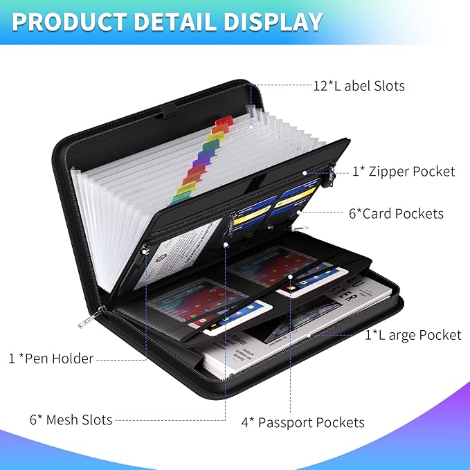 Fireproof & Waterproof Accordion File Organizer, 13-Pocket Expanding Document Organizer with Handle & Labels,Heat-Resistant fireproof file folder A4/Letter Files, Safe travel file organizer