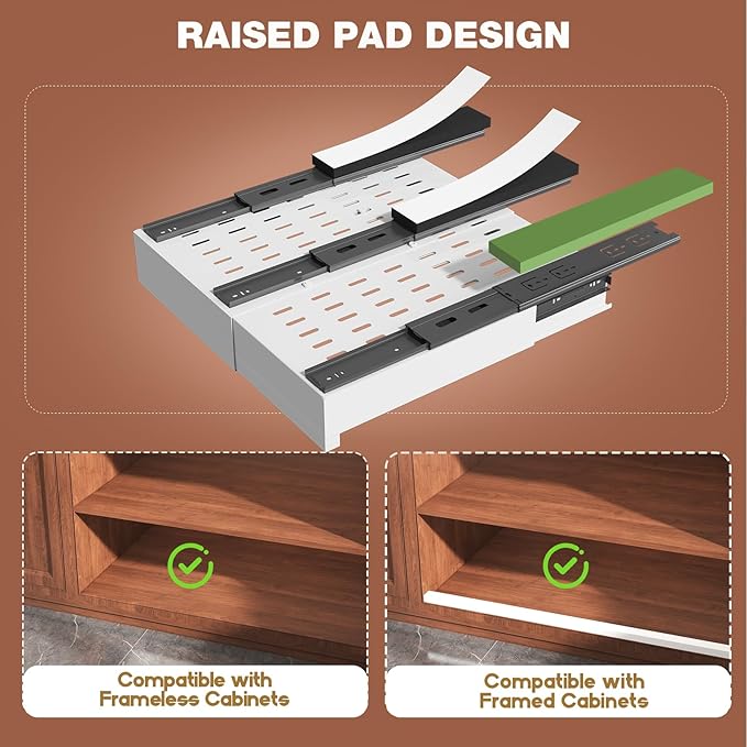 2 Pack Pull Out Cabinet Organizer Expandable Width(11"-16") and Depth(13"-17"),Slide Out Drawers With Raising Pad for Framed Cabinets,No Drill Roll Out Shelves for kitchen,Bathroom,White