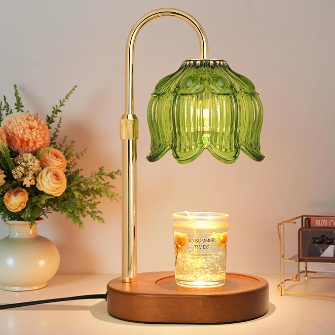 Flower Candle Warmer Lamp for Jar Candles with Timer & Dimmer, Adjustable Height Fits Large Jars up to 7.08" Tall, Flameless Wax Warmer, Cozy Bedroom Home Decor, Gift for Mom Women (Flower lamp-Green)