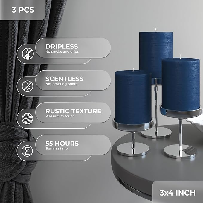 CANDWAX 3x4 inch Pillar Candles Set of 3 – Unscented Dripless Rustic Dark Blue Candles for Room Decor, Weddings, Centerpieces